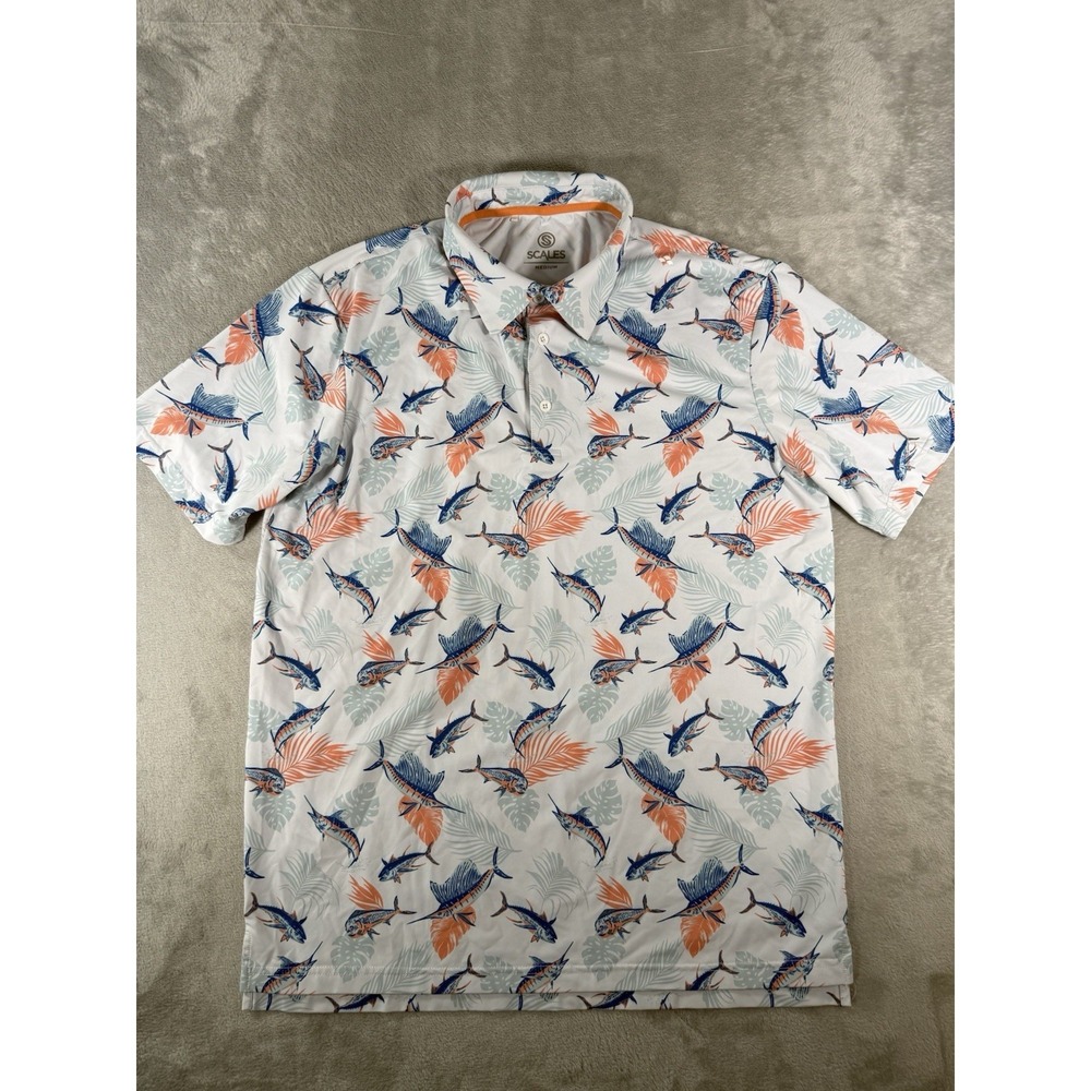 Scales Polo Shirt Mens Medium White Tropical SwordFish Print Performance Fishing